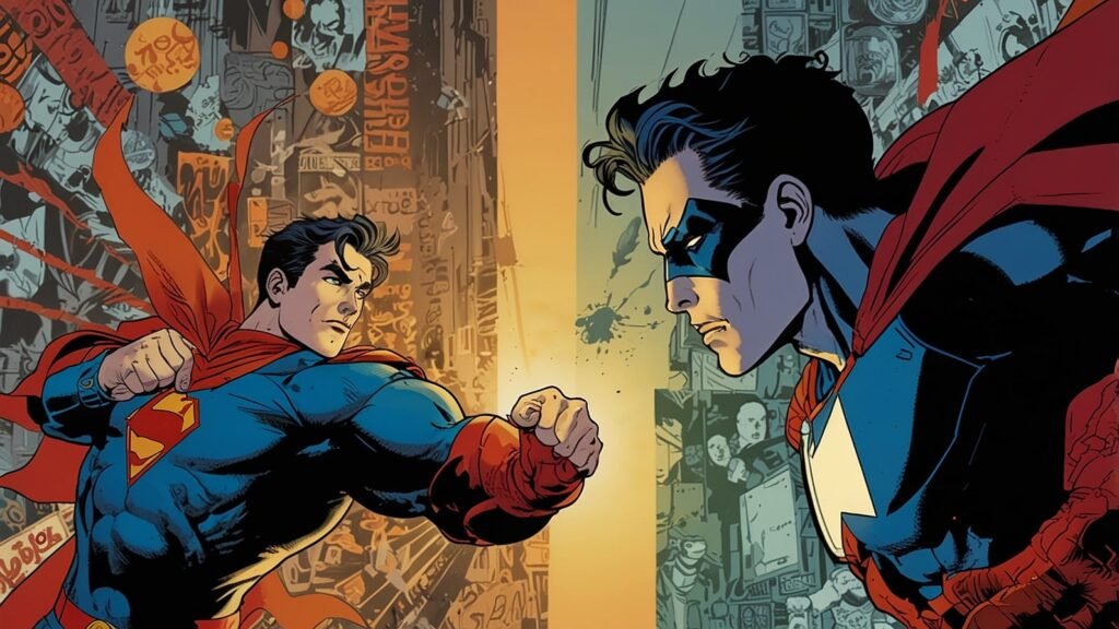 A split illustration showing a colorful comic book with superhero action on the left and a detailed graphic novel with a literary theme on the right, separated by a vertical line.
