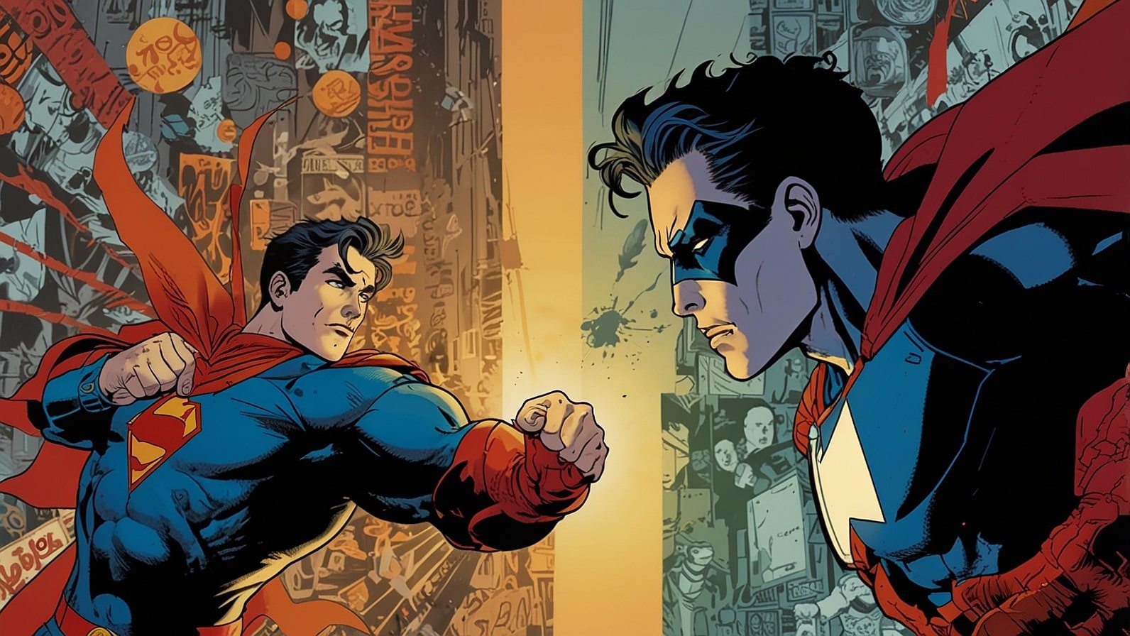 A split illustration showing a colorful comic book with superhero action on the left and a detailed graphic novel with a literary theme on the right, separated by a vertical line.