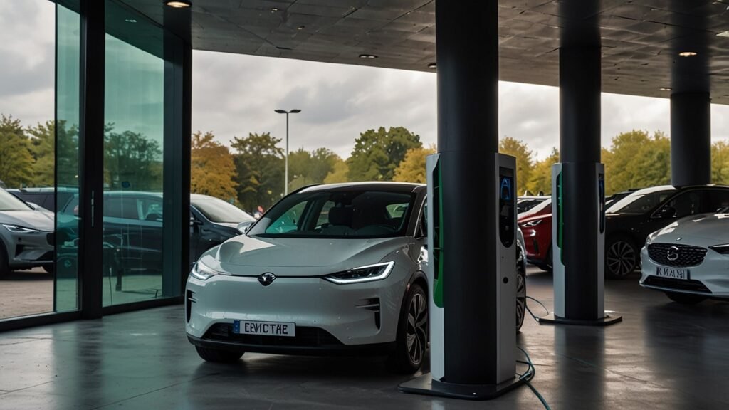 A modern UK car dealership with sleek electric vehicles displayed prominently alongside traditional cars, under bright showroom lights.