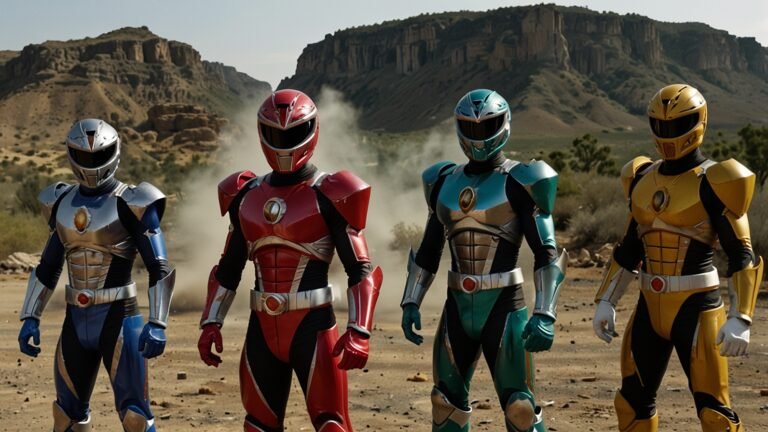 Power Rangers RPM team in vibrant suits fighting robotic enemies in a post-apocalyptic Corinth cityscape.