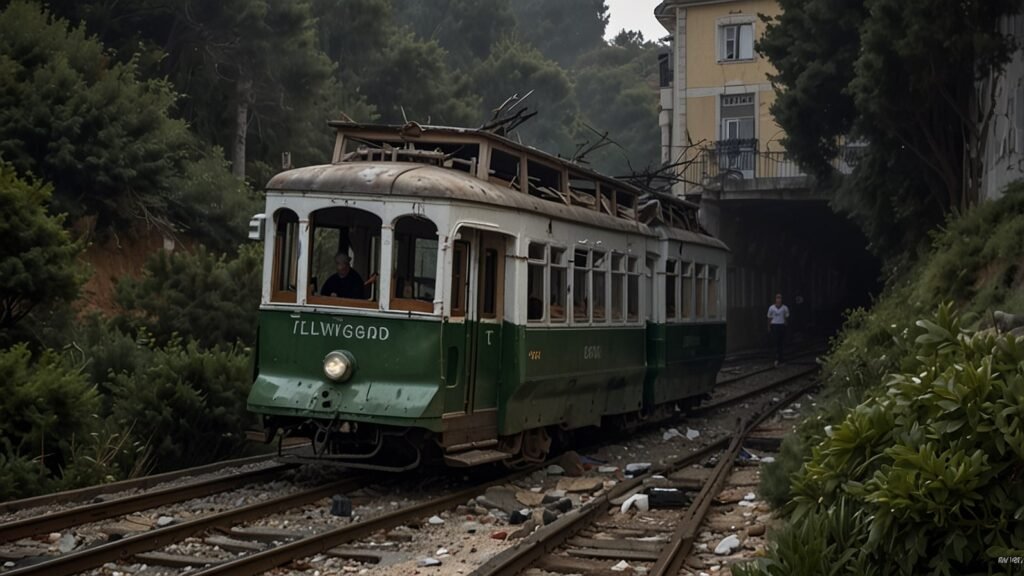 Debris of the Elevador da Glória funicular lies scattered across a Lisbon street after a deadly crash on September 3, 2025, killing 17 and injuring 21.