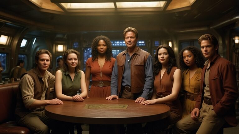 A diverse group of nine characters from the TV show Firefly stands together on the bridge of the spaceship Serenity, with a rugged, futuristic interior in the background. The crew, dressed in eclectic outfits blending Western and sci-fi styles, includes Captain Mal Reynolds at the center, holding a confident pose, alongside characters like Zoe, Wash, and River Tam.