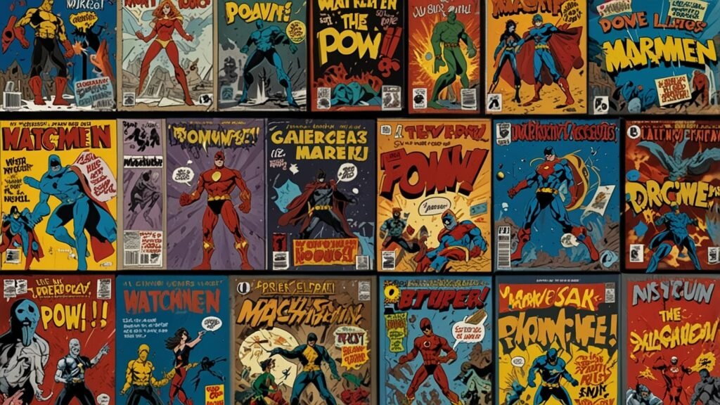 A colorful stack of beginner-friendly comic books and graphic novels, including titles like Watchmen, Ms. Marvel, and Saga, arranged on a wooden table with a vibrant, inviting background.