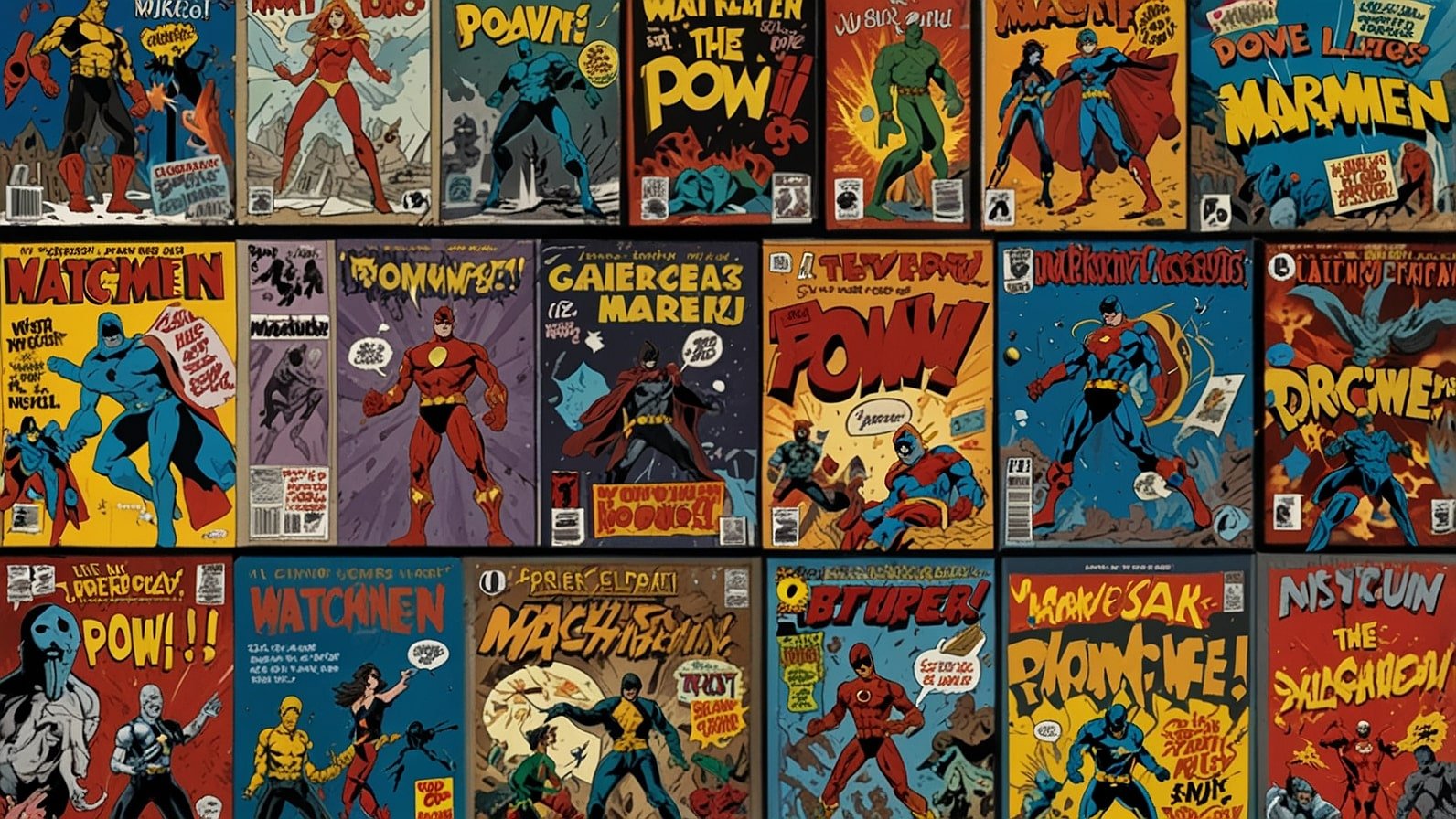 A colorful stack of beginner-friendly comic books and graphic novels, including titles like Watchmen, Ms. Marvel, and Saga, arranged on a wooden table with a vibrant, inviting background.