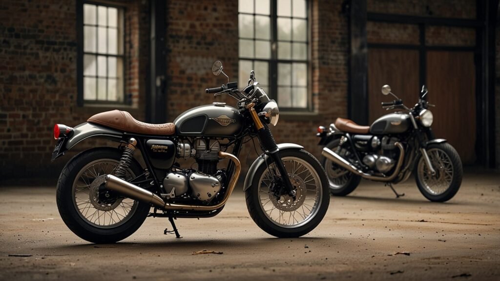 Triumph Thruxton 400 and Brat Tracker motorcycles showcased in a retro-inspired urban setting, highlighting their record-breaking sales in September 2025.