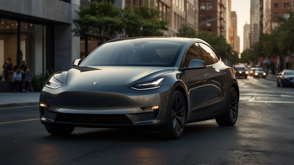 A sleek Tesla Model Y Compact prototype parked on a city street, showcasing its streamlined design and modern LED headlights under daylight.