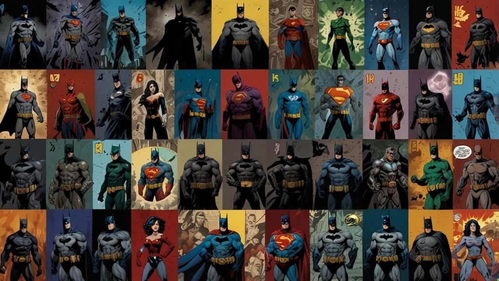 A vibrant collage featuring cover art from ten iconic DC Comics storylines, including Batman: The Dark Knight Returns, Watchmen, Crisis on Infinite Earths, and All-Star Superman, arranged in a dynamic grid with bold colors and superhero imagery.