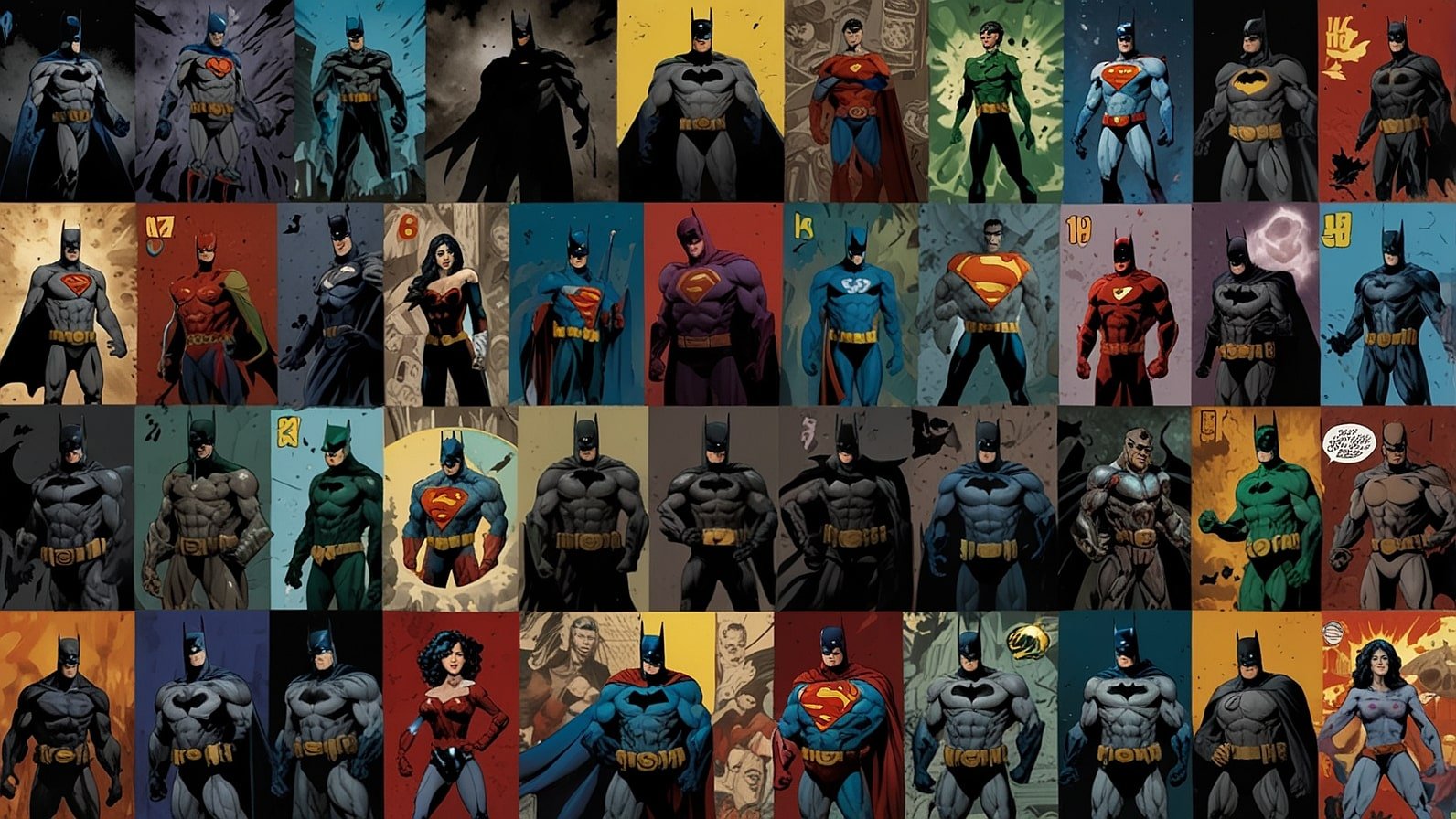A vibrant collage featuring cover art from ten iconic DC Comics storylines, including Batman: The Dark Knight Returns, Watchmen, Crisis on Infinite Earths, and All-Star Superman, arranged in a dynamic grid with bold colors and superhero imagery.