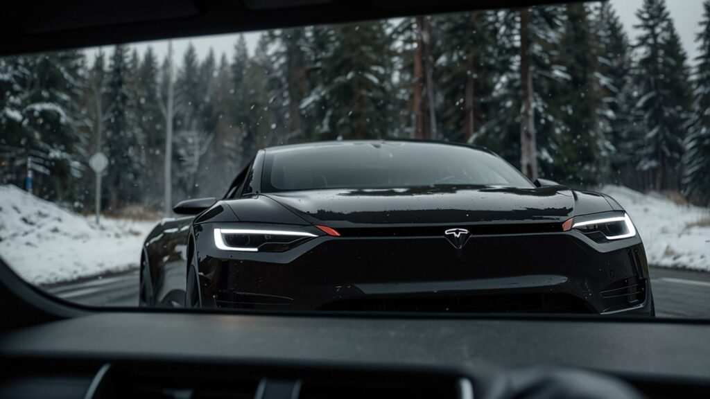 A Tesla Cybertruck’s rearview camera displaying a frozen image, highlighting the 2025 recall affecting 27,000 vehicles due to a software glitch causing delays.
