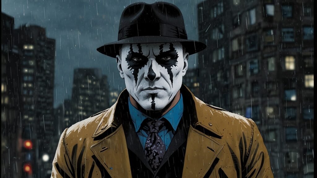 Rorschach from Watchmen with his inkblot mask, standing in a shadowy city, reflecting the graphic novel’s intense atmosphere.