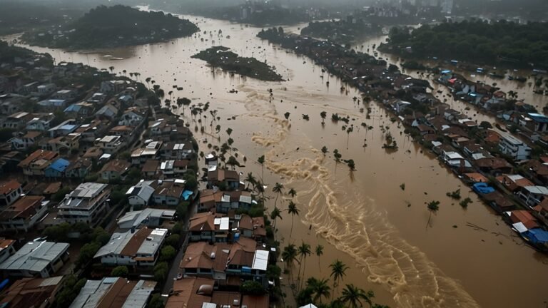 Floodwaters inundate a street in Hanoi, Vietnam, littered with debris after Super Typhoon Yagi’s devastating landfall on September 7, 2025, killing over 600.