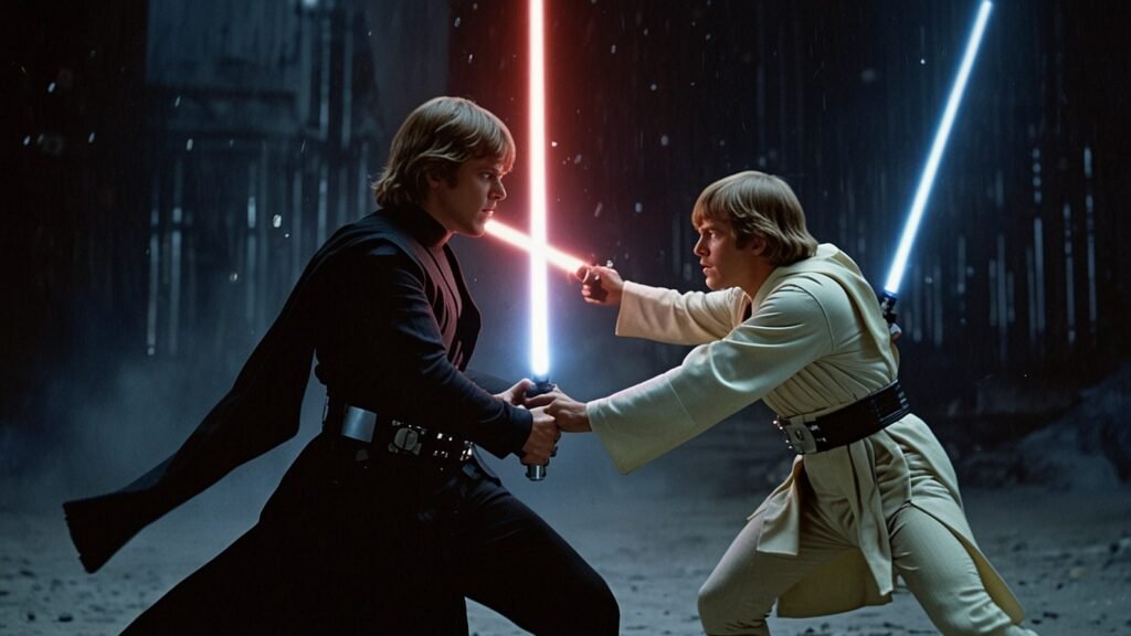 Luke Skywalker and Darth Vader clash in a dramatic lightsaber duel on Cloud City in Star Wars: Episode V – The Empire Strikes Back.