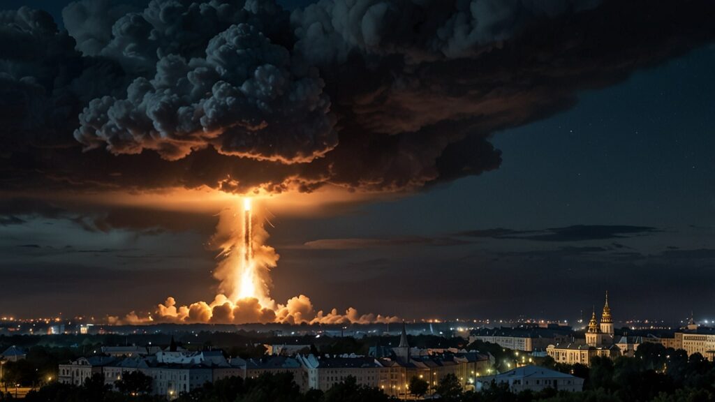 A digital illustration of a sleek, futuristic hypersonic missile soaring over a war-torn Ukrainian landscape, with smoke and explosions in the background, symbolizing the escalating Russia-Ukraine conflict.