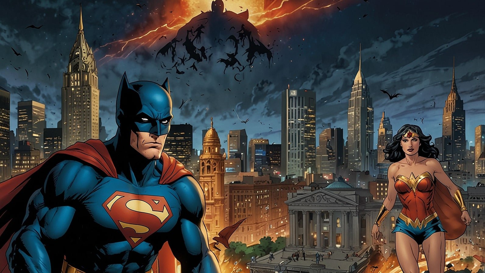 A colorful comic book collage featuring DC Comics heroes like Superman, Batman, Wonder Woman, and The Flash, soaring through a vibrant cityscape with iconic logos and comic panels in the background.