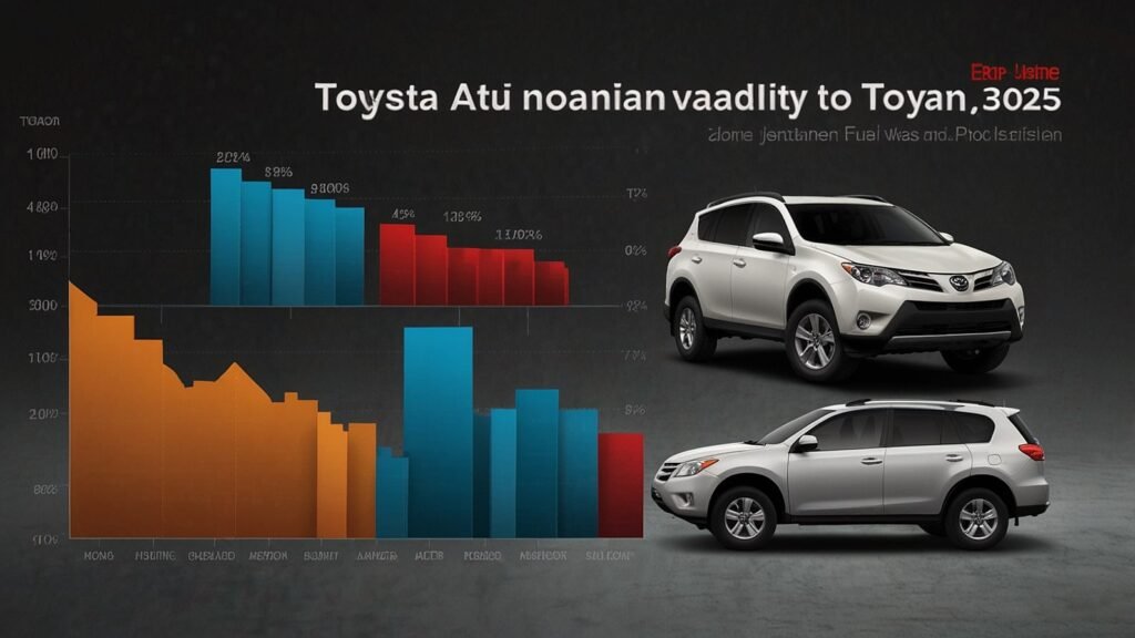Graphic of 2025 used car market with falling prices, Toyota RAV4, and high financing rates chart