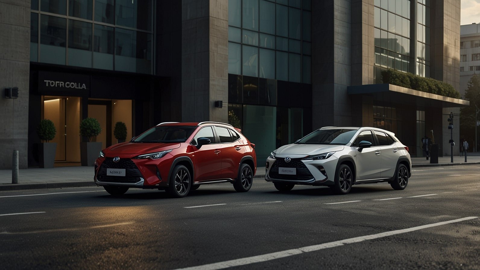 Toyota Corolla Cross GR-S and Yaris Cross displayed in a vibrant urban setting, showcasing their dominance in global hybrid sales for August 2025.