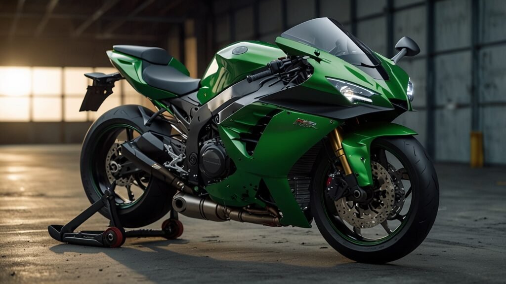 2026 Kawasaki Ninja H2R in Mirror Coated Spark Black with neon green highlights, displayed at EICMA 2025, featuring advanced winglets and a supercharged engine.