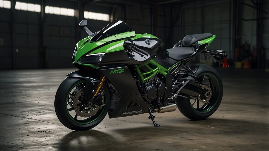 Sleek 2026 Kawasaki Ninja H2R in Mirror Coated Spark Black with neon green accents, showcasing aerodynamic winglets and carbon-fiber body at EICMA 2025.