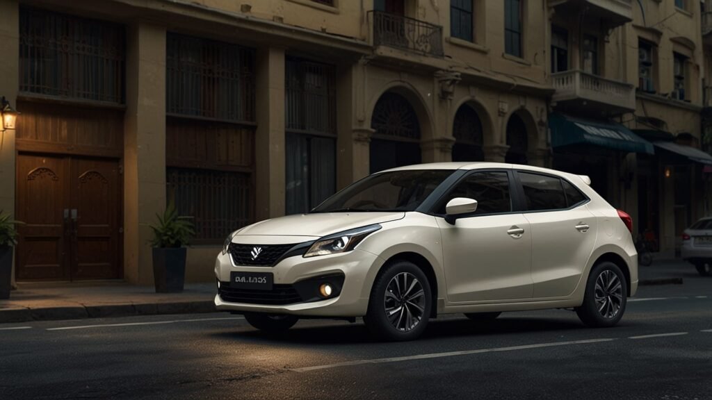 White Maruti Baleno 2025 parked on a city street, showcasing its modern grille, LED headlights, and dual-tone alloy wheels.