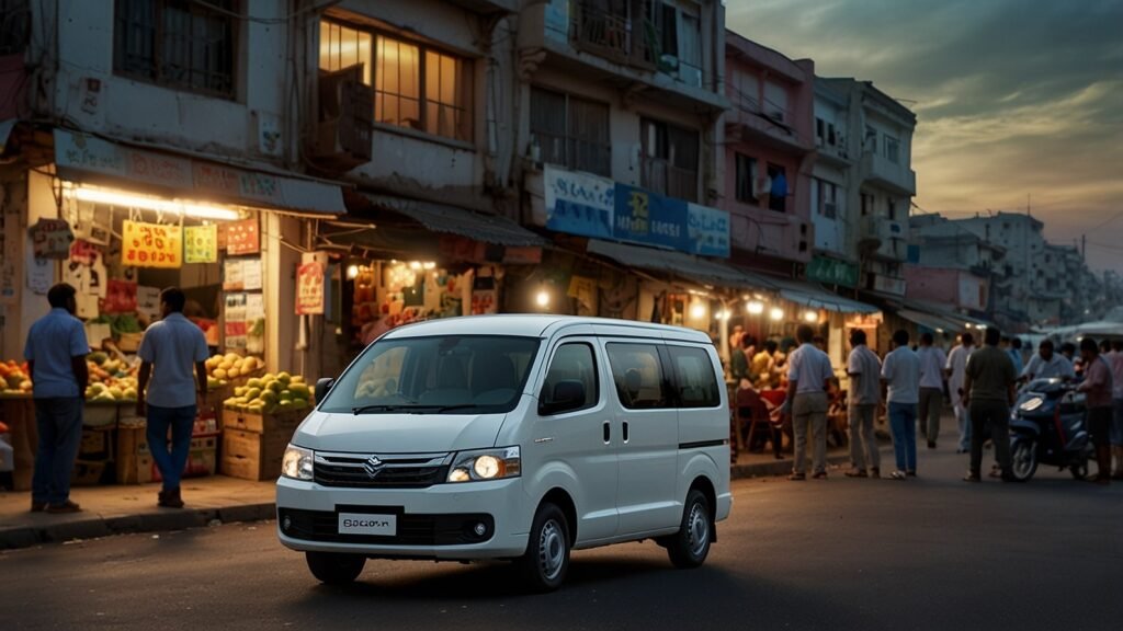 White Maruti Eeco van parked outside a bustling market, highlighting its boxy design, sliding doors, and spacious high-roof cabin under a vibrant evening sky.