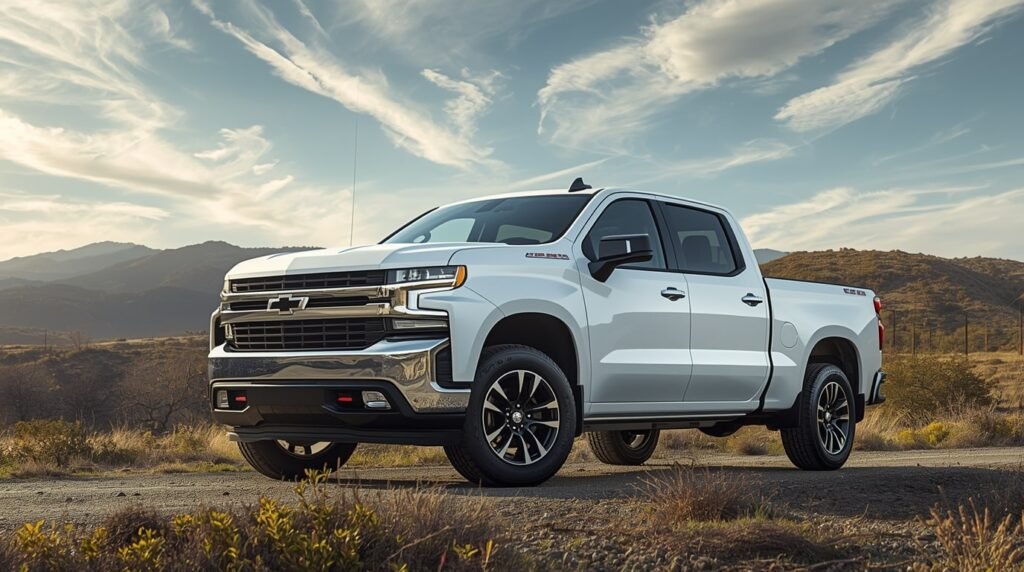 Front-side view of the 2025 Chevrolet Silverado 1500 Crew Cab in Summit White, showcasing bold grille, LED headlights, and rugged stance for work or adventure.