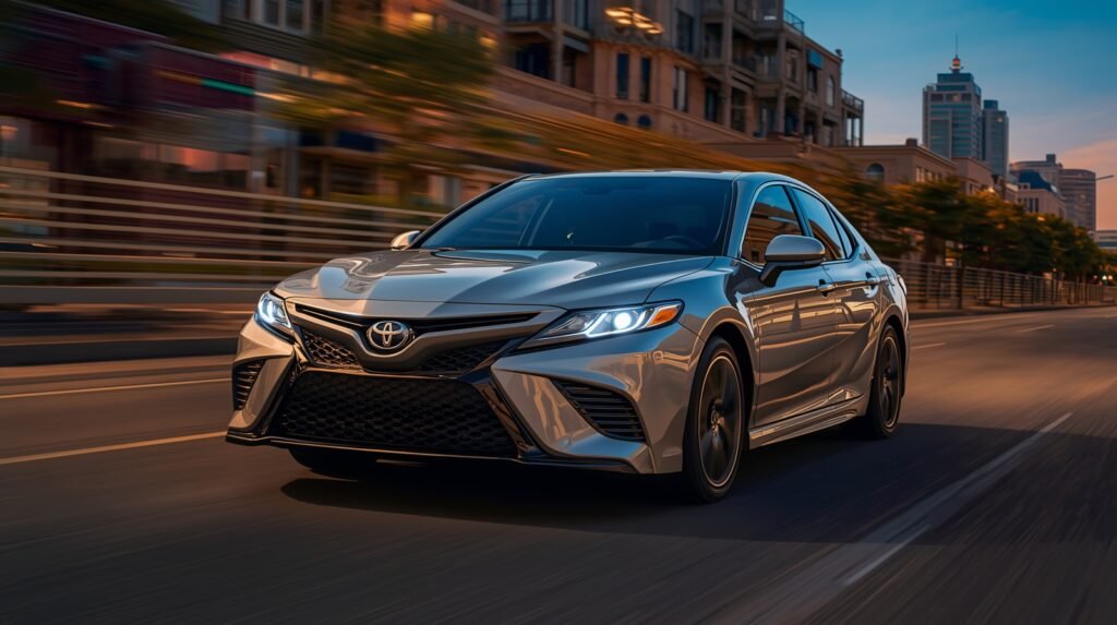 A 2025 Toyota Camry Hybrid cruises through a city at dusk, showcasing its sleek design and modern LED headlights.