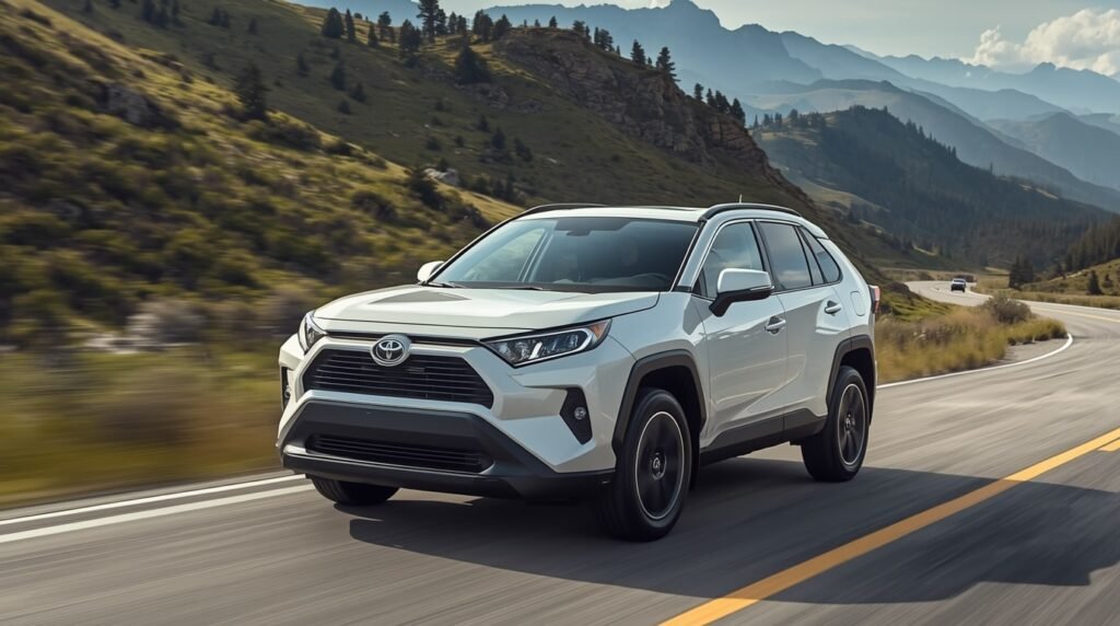A silver 2025 Toyota RAV4 Hybrid navigates a winding mountain road with lush greenery in the background, showcasing its sleek design and all-wheel-drive capability.