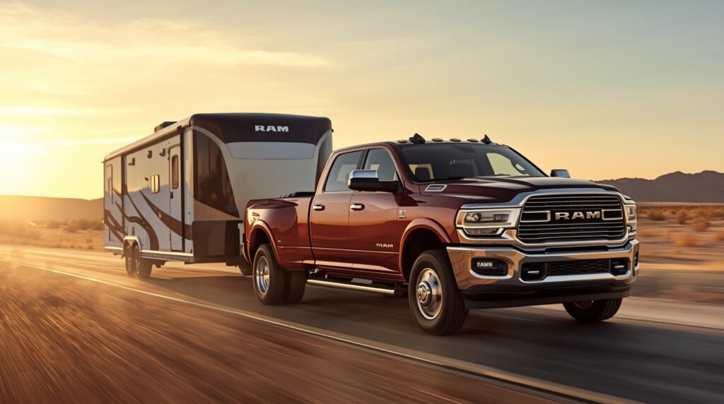 A robust black 2025 Ram 3500 Heavy Duty Limited tows a massive trailer across a rugged desert landscape, showcasing its powerful diesel engine and commanding presence.