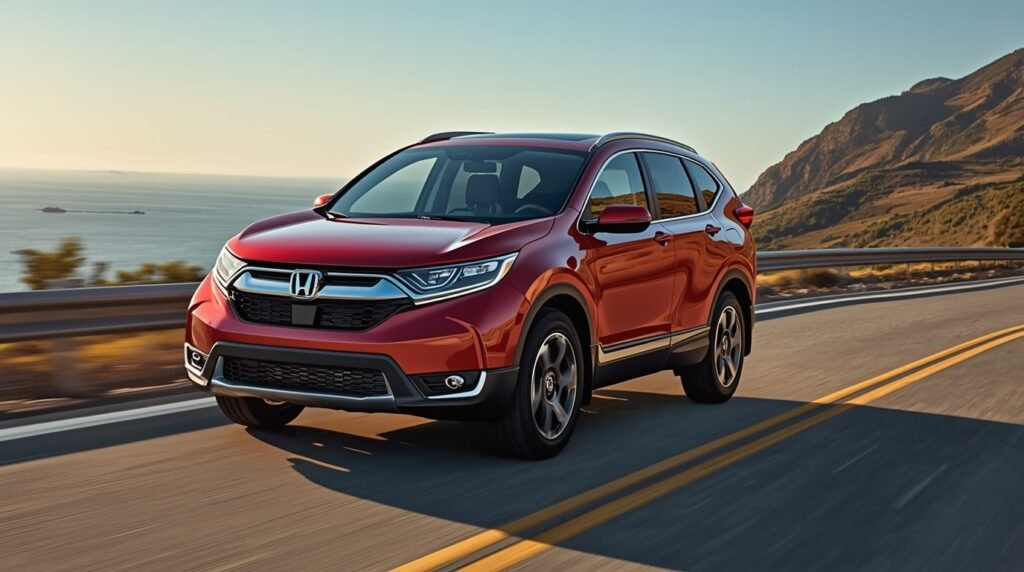 A sleek blue 2025 Honda CR-V Hybrid Touring cruises along a scenic coastal highway, surrounded by ocean waves and rugged cliffs, highlighting its modern design and all-wheel-drive capability.