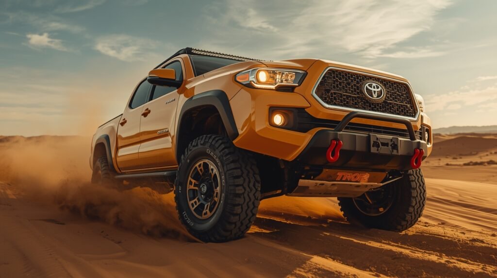 A 2025 Toyota Tacoma TRD Pro navigates a rocky desert trail, showcasing its rugged design and off-road prowess with red tow hooks and 33-inch tires.