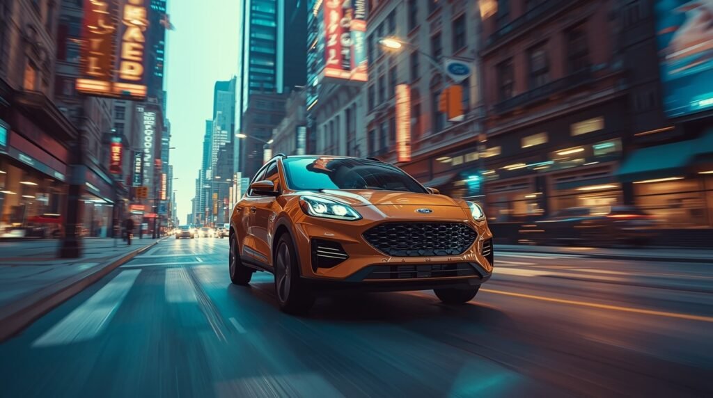 A sleek Ford Puma Hybrid SUV navigates a vibrant city street, showcasing its compact design and modern styling in a dynamic urban environment.