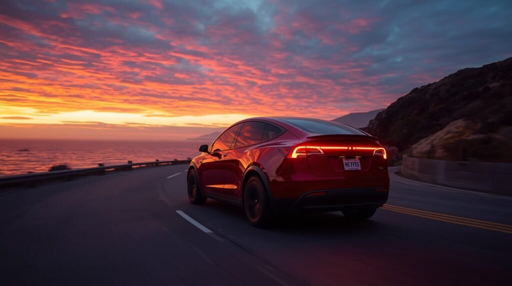 A 2025 Tesla Model Y Juniper cruises along a coastal highway at sunset, showcasing its sleek Cybertruck-inspired design and full-width LED light bar.