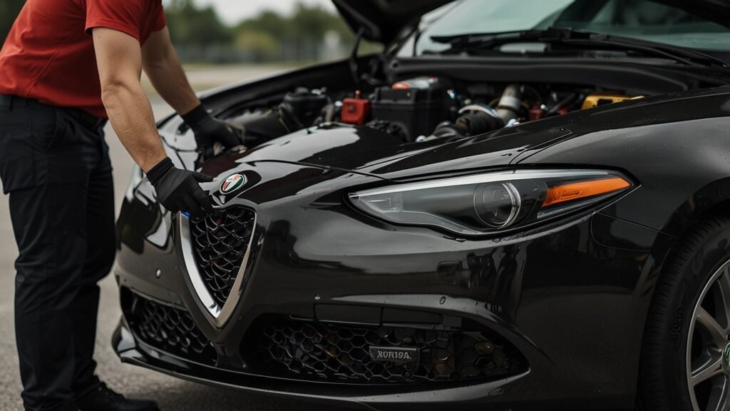 Mechanic examining fuel pump in 2018 Alfa Romeo Giulia engine during Stellantis recall for 53,000 vehicles in the US, addressing safety concerns from defective fuel pump systems.
