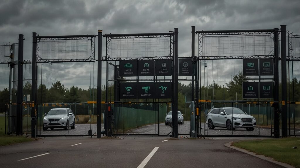 Closed gates of Jaguar Land Rover’s Solihull plant with digital cyberattack graphics, illustrating the 2025 shutdown of UK facilities caused by a cybersecurity breach.