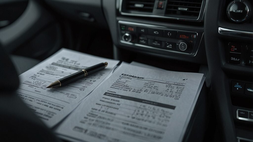 A close-up of a car dashboard with a loan agreement and calculator on the passenger seat, symbolizing the growing auto debt in the U.S.