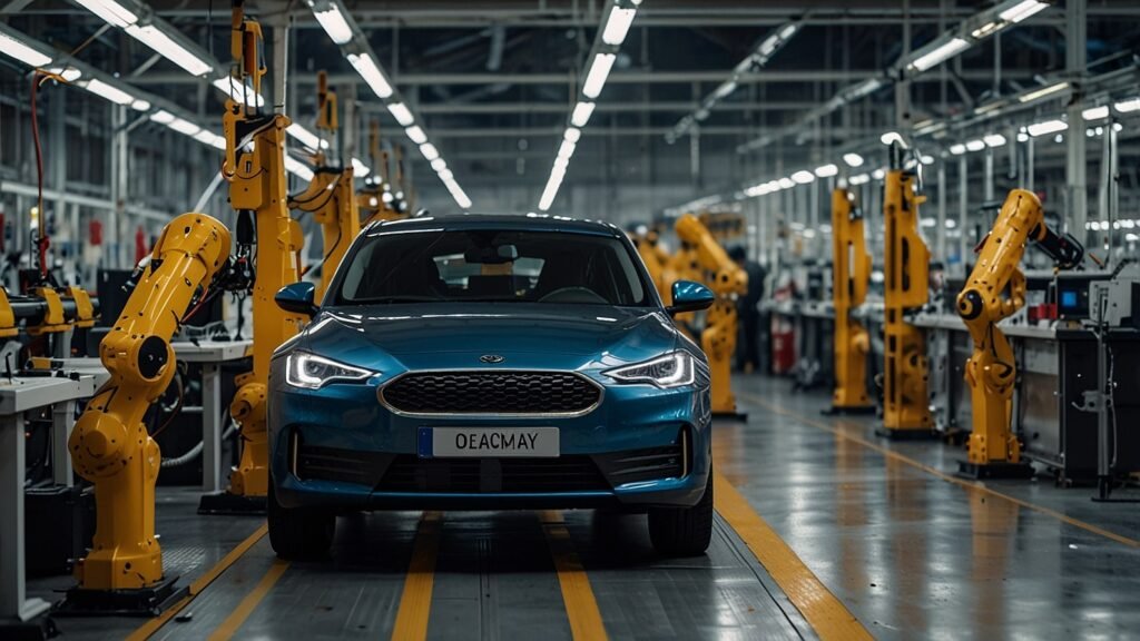 A busy UK car factory production line with workers assembling vehicles, including electric models, under bright factory lights.