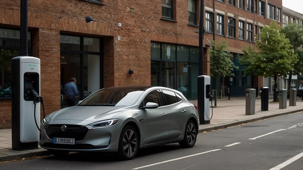 A sleek electric car is plugged into a charging station on a quiet UK street, with a modern cityscape in the background.