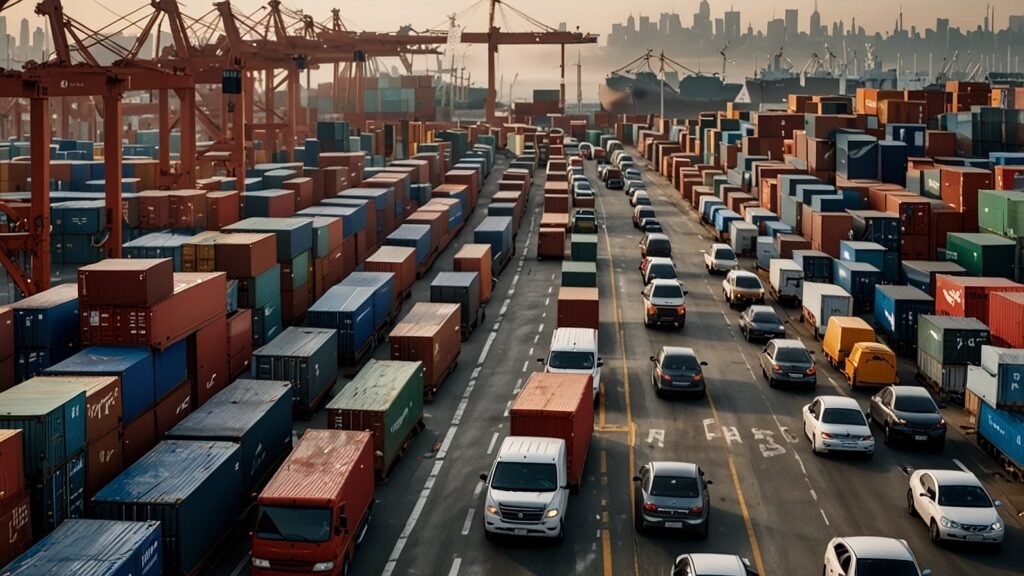 A stack of shipping containers at a port with cars loaded on trucks in the background, overlaid with tariff stamps and rising price arrows, illustrating trade war impacts on vehicles.