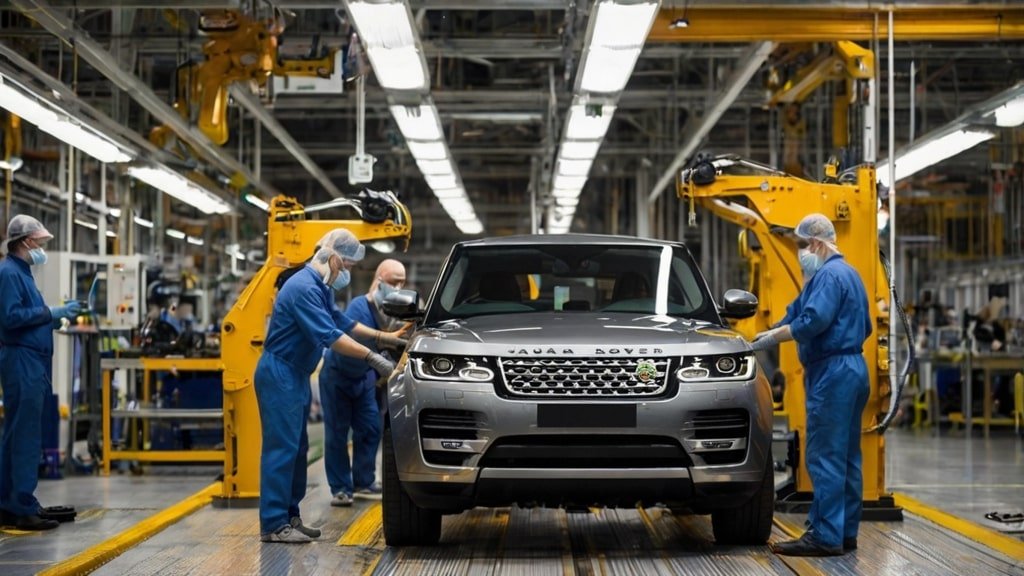 Jaguar Land Rover Solihull plant assembly line resuming with Range Rover production and Tata Motors +4.1% stock surge overlay October 29 2025