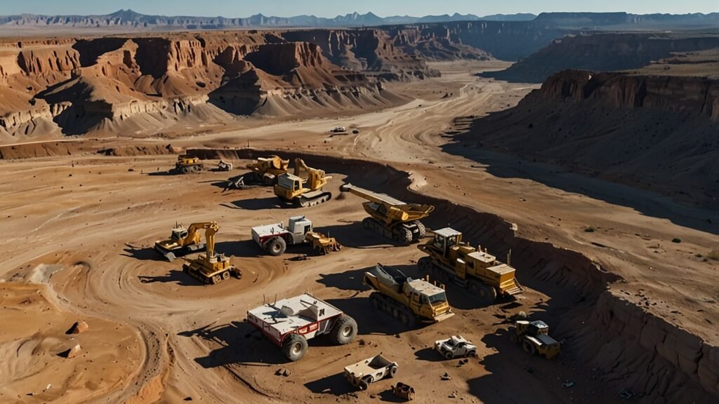 Aerial view of the Paradox Basin in Utah, with mining equipment staged near a rocky outcrop under a vast desert sky.