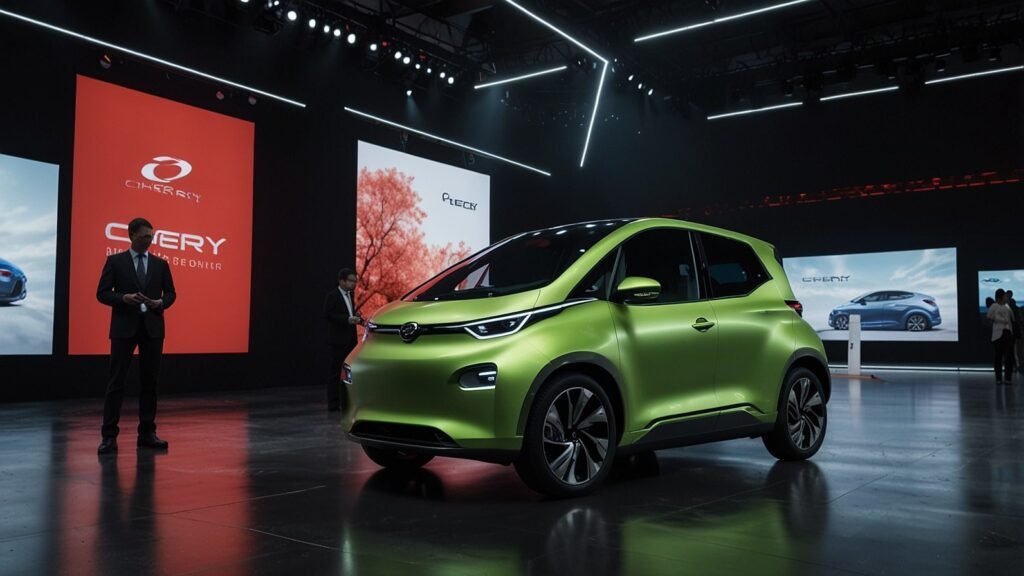 A futuristic Chery electric vehicle on display at the Global Innovation Conference 2025 in Wuhu, China, showcasing advanced technology and sleek design.
