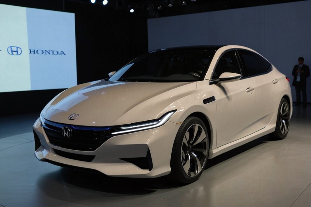 Sleek Honda 0 Series electric vehicle prototype, showcasing a futuristic sedan design with a low profile and advanced technology features, displayed at an event on October 9, 2025.