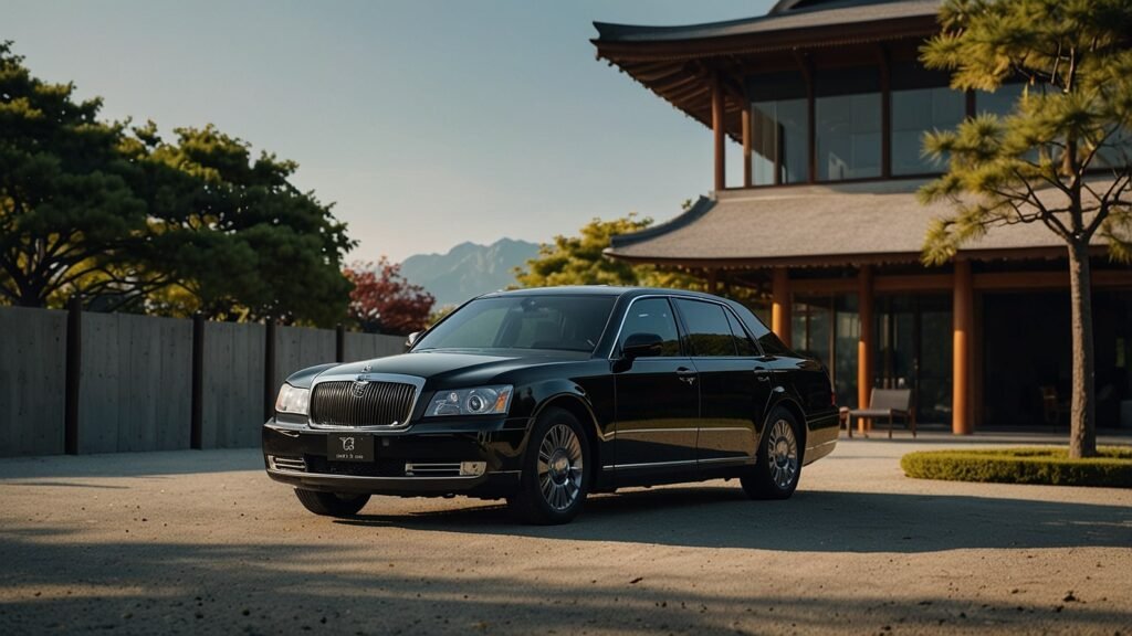 Sleek black Toyota Century SUV parked in front of a modern Japanese pavilion, showcasing its minimalist design and luxurious craftsmanship.