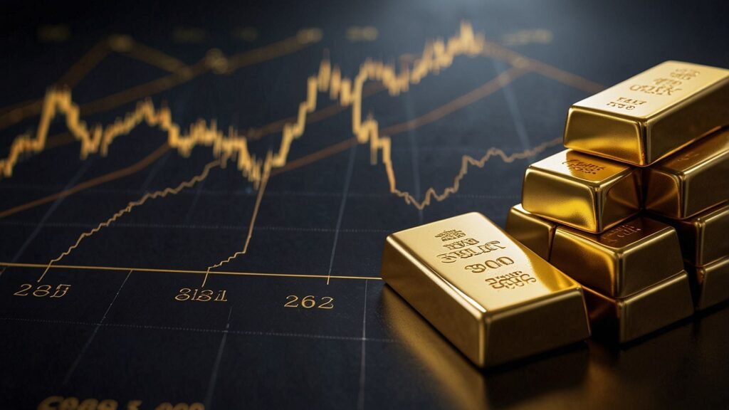 A dynamic stock market chart displaying gold prices breaking through $4,300 per ounce, with upward arrows and glowing bars highlighting the historic rally.