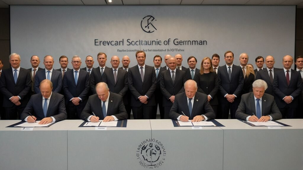 Executives from over 100 major German corporations sign the €730 billion Made for Germany investment pledge in Berlin on November 6, 2025, marking the largest private-sector commitment in decades.