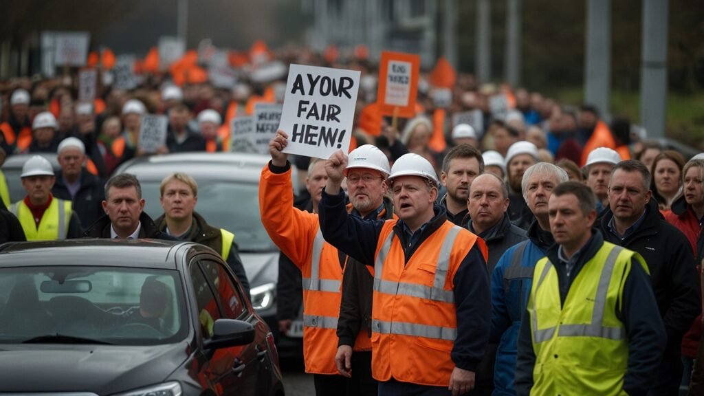 Factory workers at a UK car manufacturing plant protest the government’s plan to end Employee Car Ownership Schemes, warning of £1 billion in lost revenue and up to 5,000 job cuts starting April 2026.
